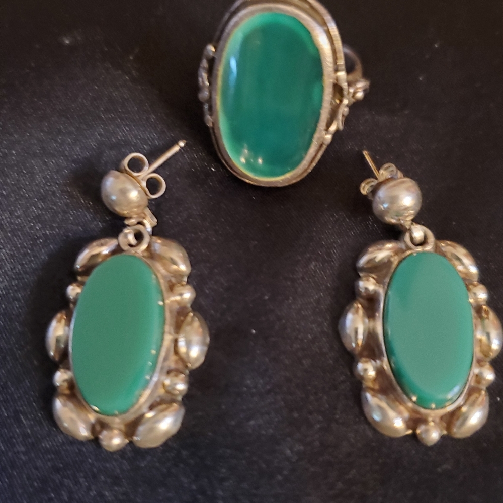 Sterling Silver Ring/Earrings Set Natural Green Stones Vintage